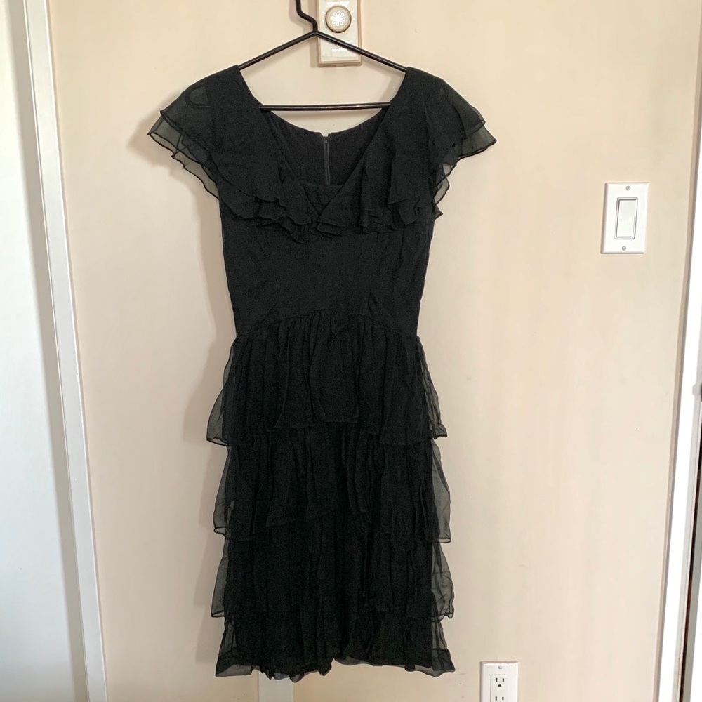 Vintage Black Silk Tiered Dress LBD Sz S